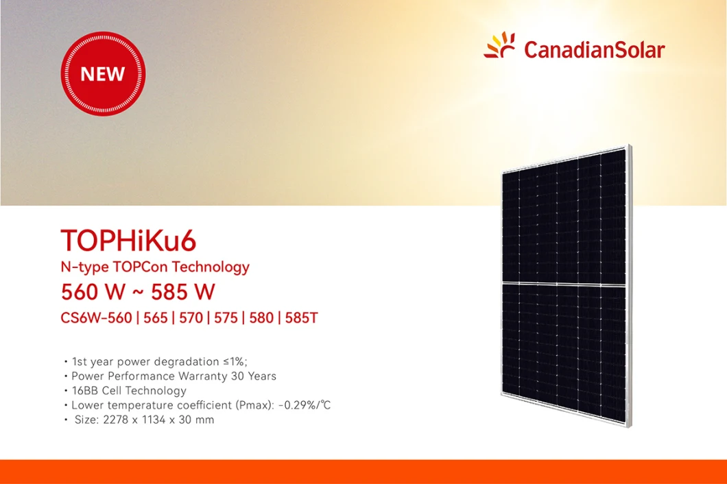 Canadian Solar N-Type Double-Glass Solar Panels 580W 575W 570W Topcon Modules Mc4 Connector with 30 Years Warranty