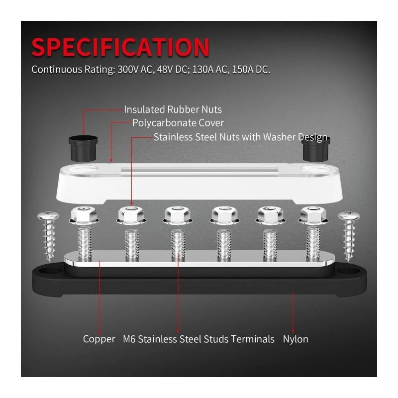 Marine 6 X 1/4&quot; (M6) 12 V Bus Bar Power Distribution Block with Cover 300V AC 48V DC Positive &amp; Negative Battery Terminal Block