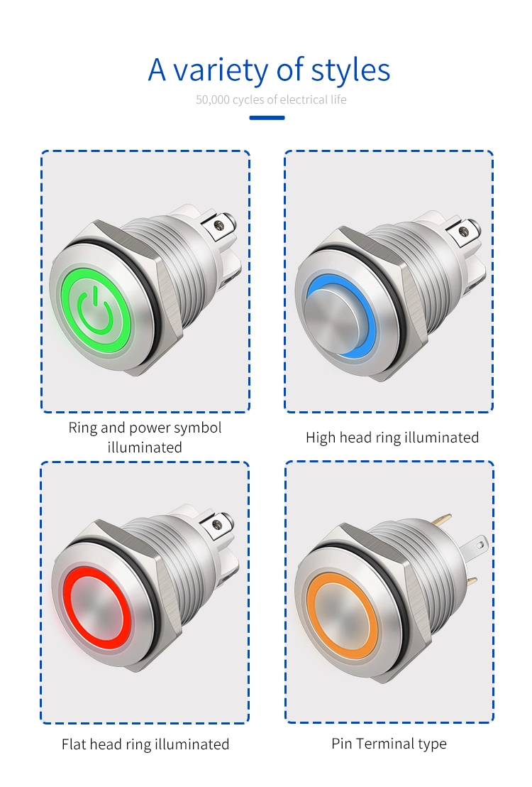 36V DC Momentary 1no 16mm Flat Head Metal Push Button Pin Terminal DOT Illuminated Switches