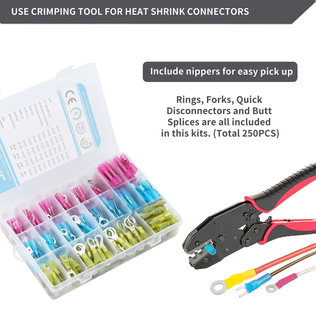 Edge Hstk250 250PCS Heat Shrink Terminal Kits, Insulated Waterproof Electrical Marine Automotive Wire Crimp Terminals