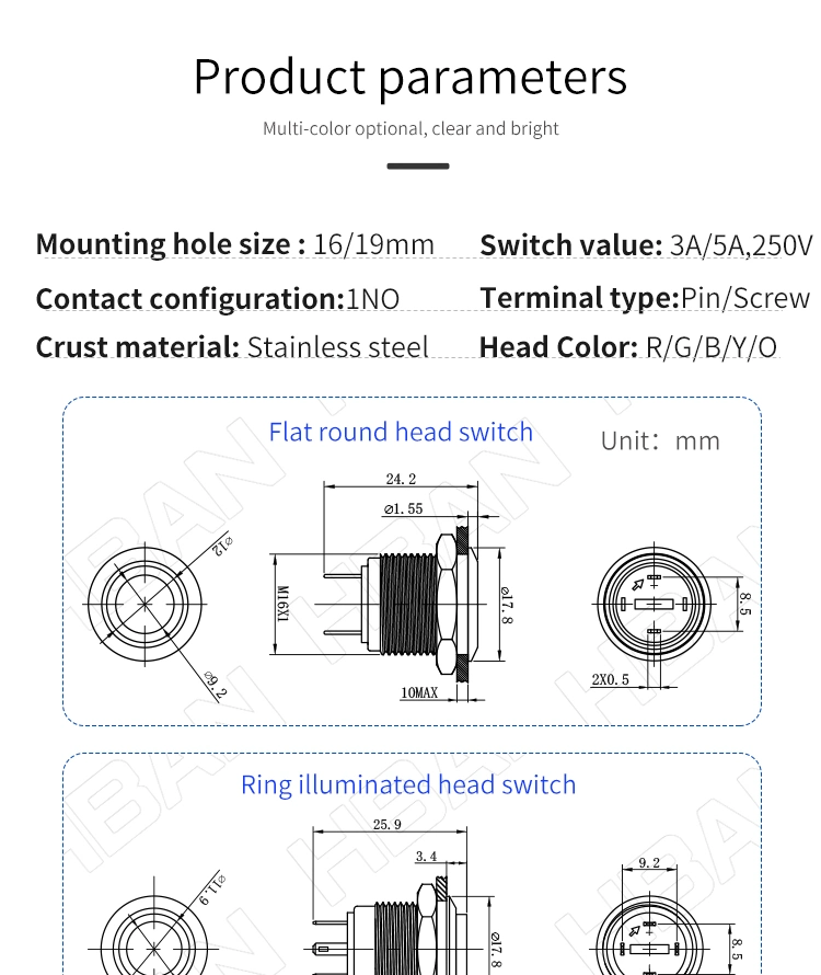 36V DC Momentary 1no 16mm Flat Head Metal Push Button Pin Terminal DOT Illuminated Switches