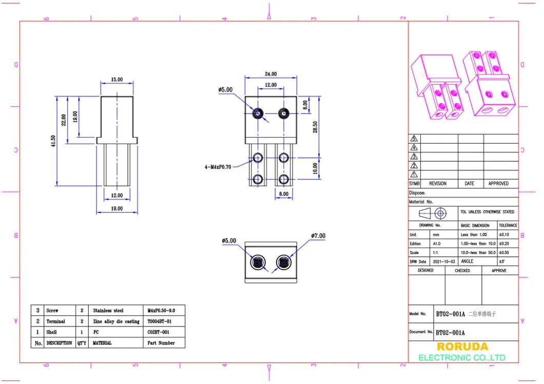 Bt02-001A 2 Position Barrier Terminal Block