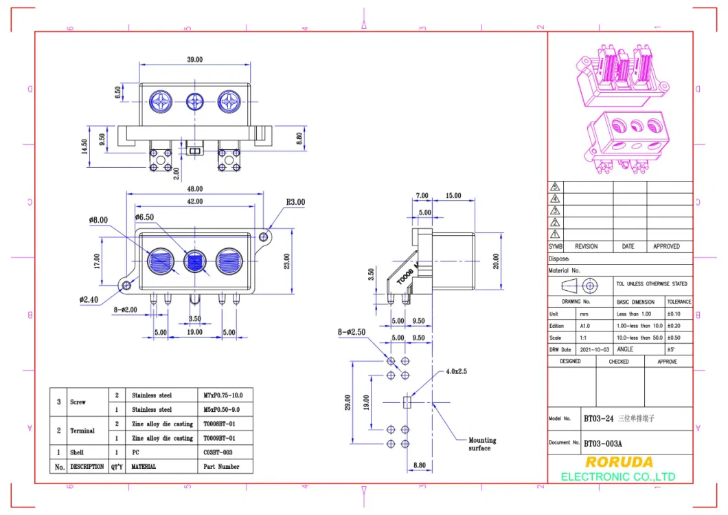 Bt3-24A (BT03-003A) 3position Terminal Block for Car Amplifier