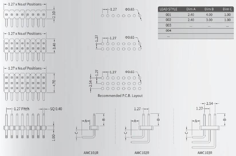 1.27 Pitch Right Angle Data/Power PCB Terminal Block Pin Header Connector