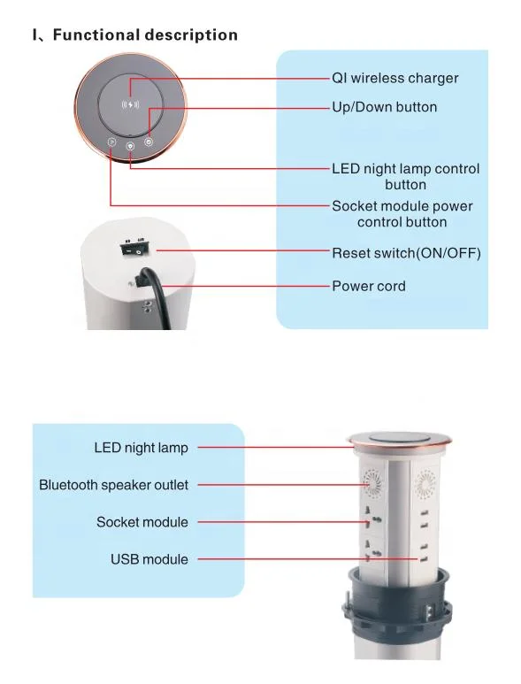 WiFi Smart Automatic Socket IP65 Wireless Charging Surge Protector Lift Kitchen Pop up Table Socket with Wireless Charger