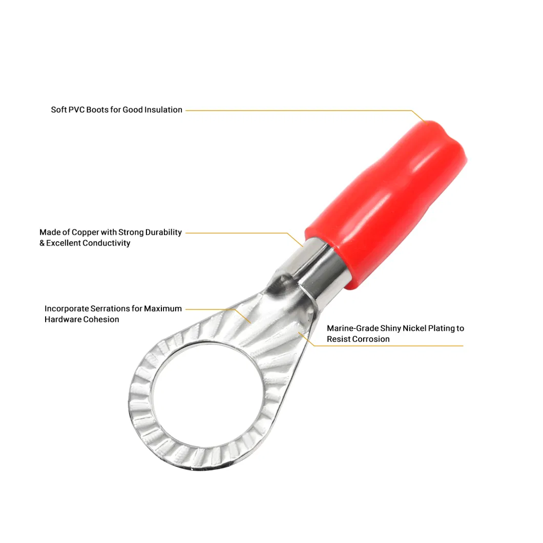Edge Rt1038-20 20PCS 10AWG Copper Ring Terminals, 3/8&rdquor; Ring Hole, Shiny Nickel Plated Crimp Ring Terminals with 20PCS Red &amp; Black Soft Boots