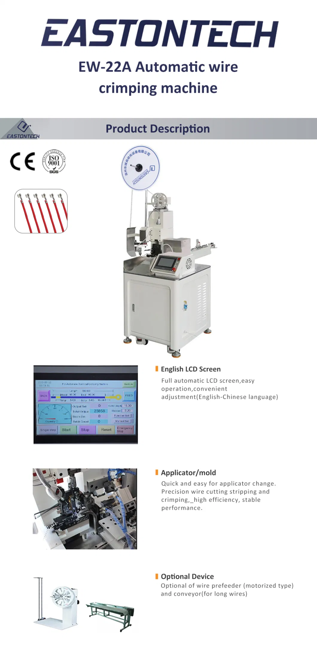 Eastontech Automatic Single End Wire Cutting Stripping and Terminal Connector Crimping Machine Molex Jst Terminal Crimping with Mechanical Claw for AWG28-AWG12