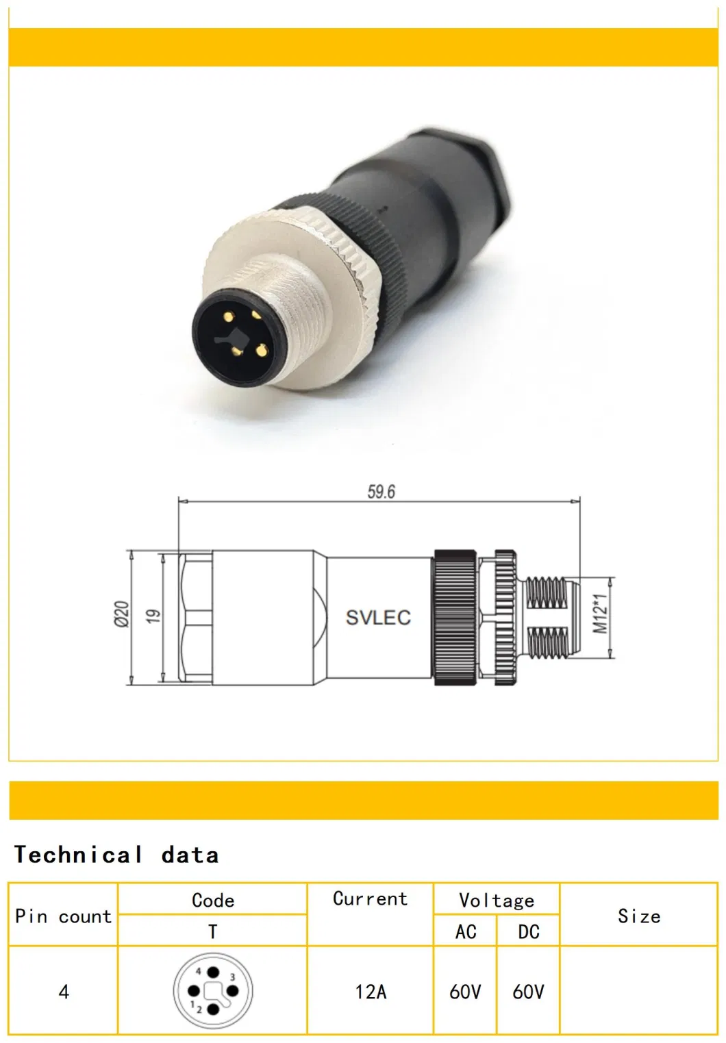 M12 Connector Male T Code 4 Pin for Power
