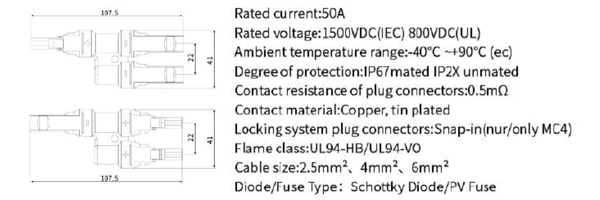 IP67 Solar System Photovoltaic 50A 1500VDC PV Mc4 Y Type Branch Connector