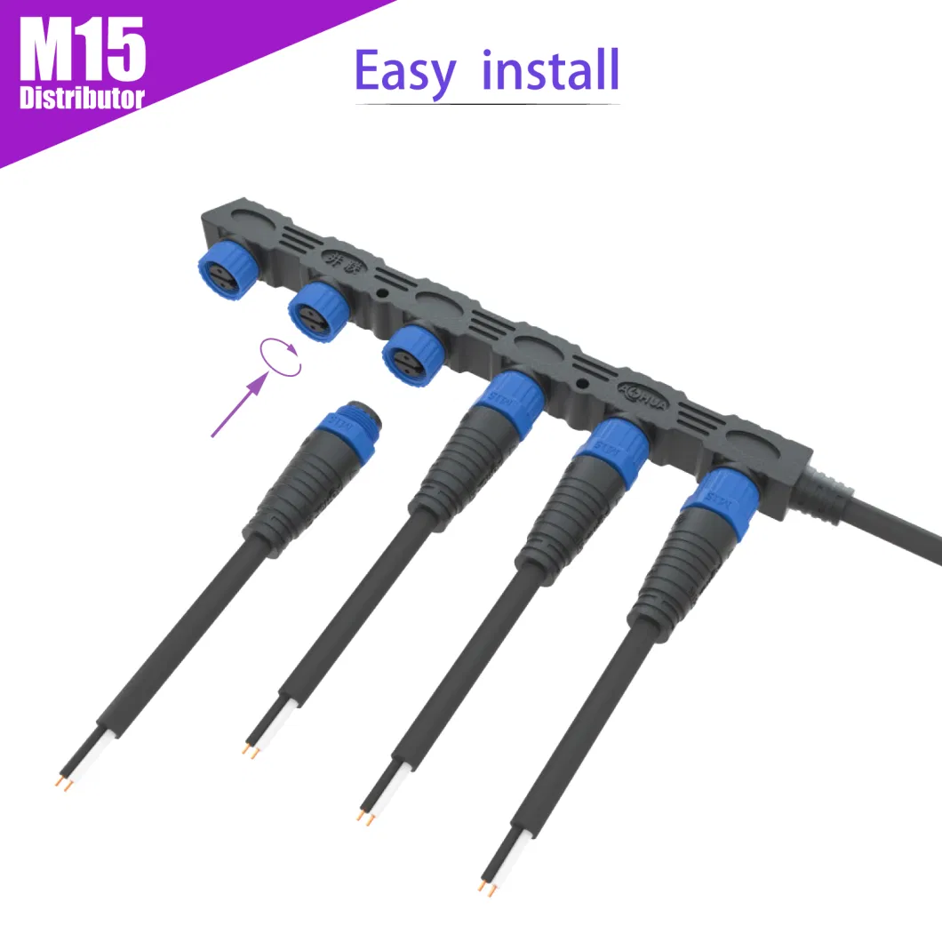 Aohua Distributor M15 1 to 2/3/4/5 /6 Sockets Power Male Female Cable Waterproof Connector for Outdoor LED Module Lighting Project