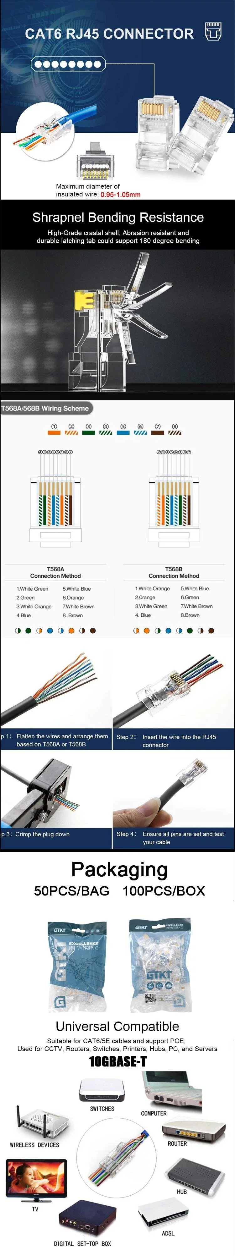 Gcabling Communication UTP RJ45 Connector Cat 6 5e Modular Plug 8p8c Ethernet Cat5e CAT6 Plug RJ45 Pass Through Connector