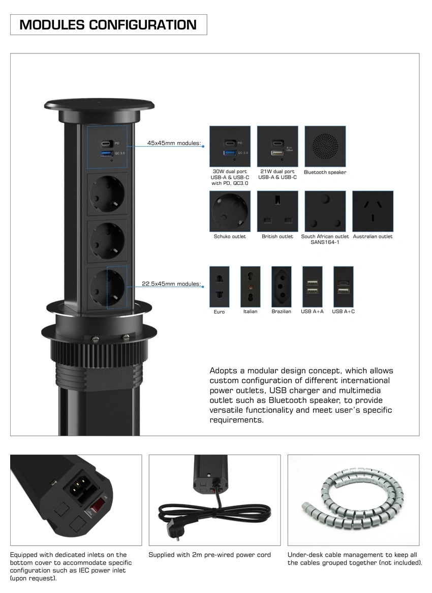 Sinoamigo Motorized Pop-up Table Socket Power Outlet with Wiring Charging