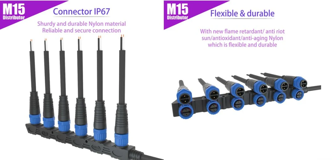 Aohua Distributor M15 1 to 2/3/4/5 /6 Sockets Power Male Female Cable Waterproof Connector for Outdoor LED Module Lighting Project