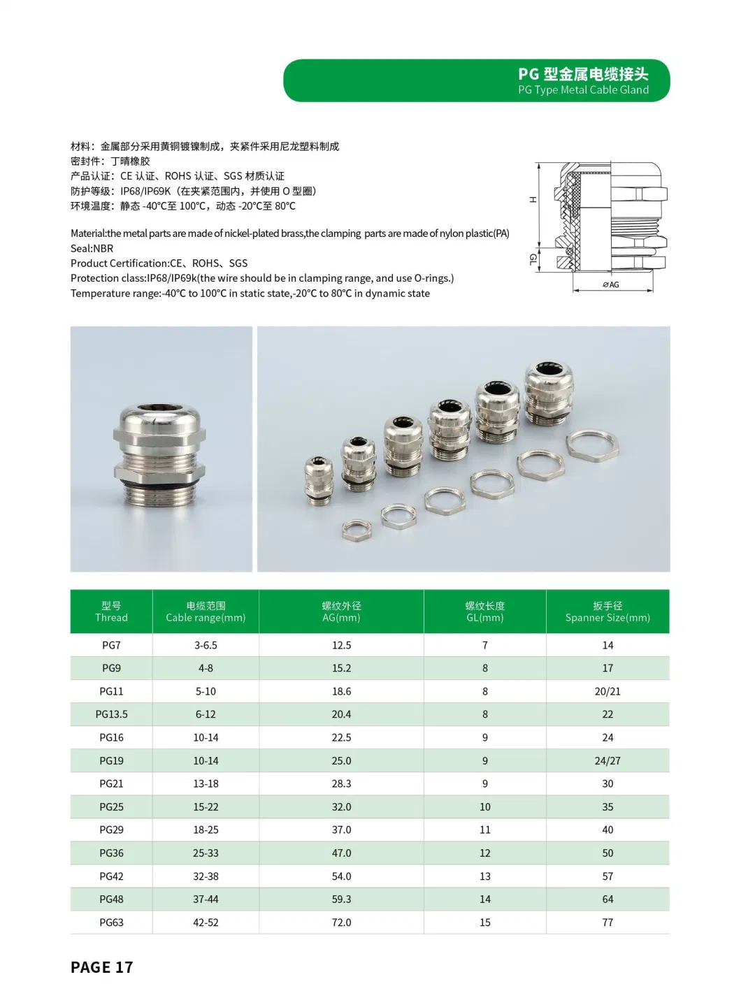 Metric or Pg Size German UL Nylon Plastic Brass Nickel-Plated Waterproof Anti-Rust Metal Fixed Cable Gland Pg7 Pg9 Pg11 Pg13.5 Copper Electrical Wire Connector