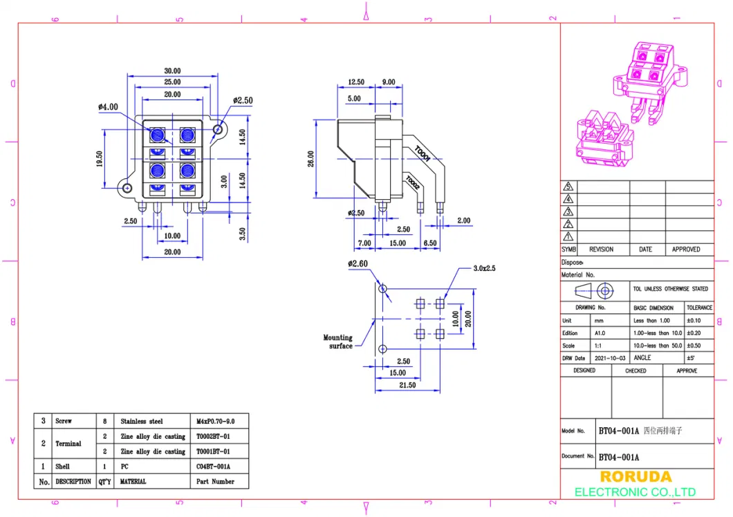 Bt04-001A 4 Position Barrier Terminal Block