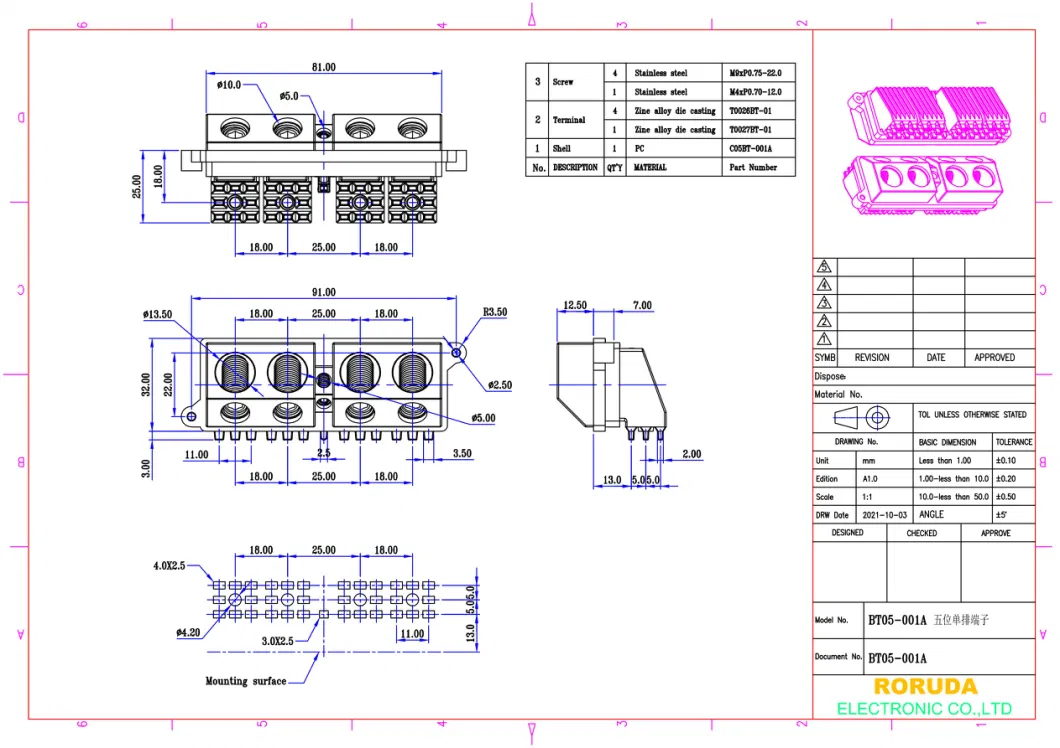 Bt05-001A 5 Position Barrier Terminal Block