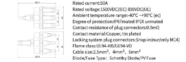 IP67 Solar System Photovoltaic 50A 1500VDC PV Mc4 Y Type Branch Connector