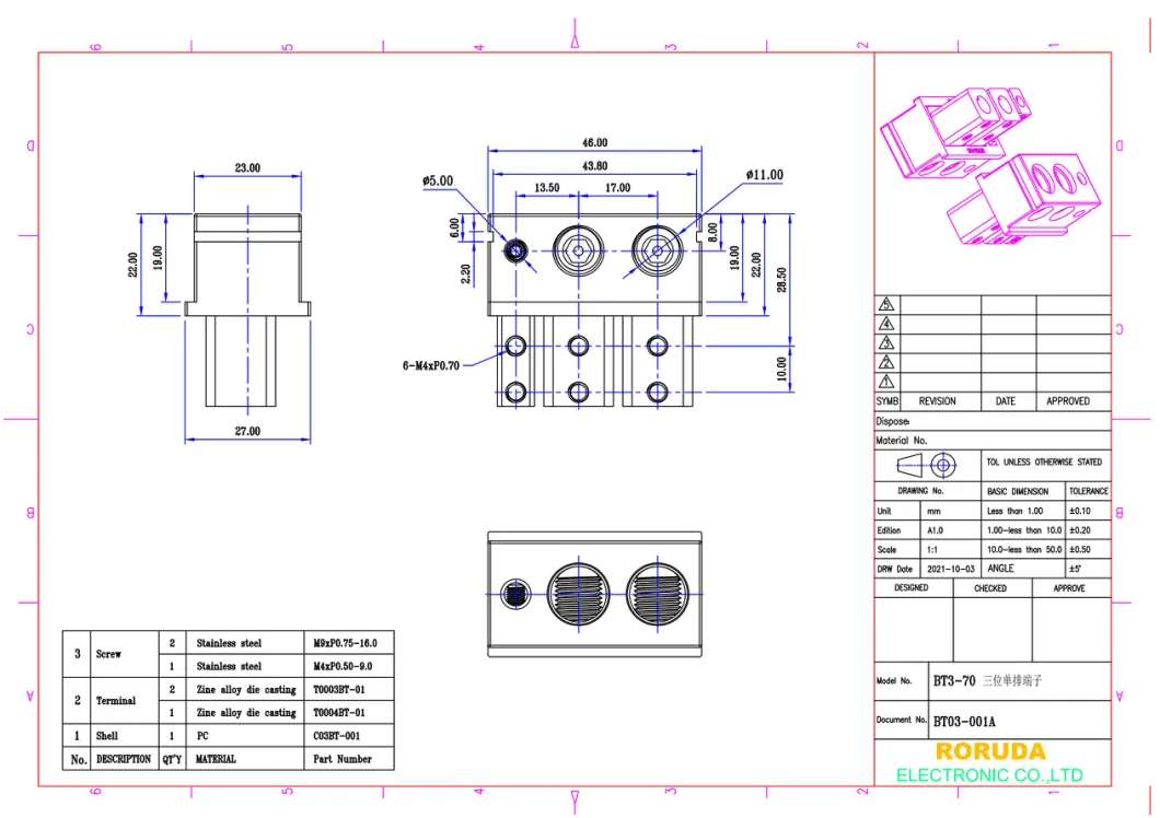 Bt3-70 (BT03-001A) 3 Position Barrier Terminal Blocks