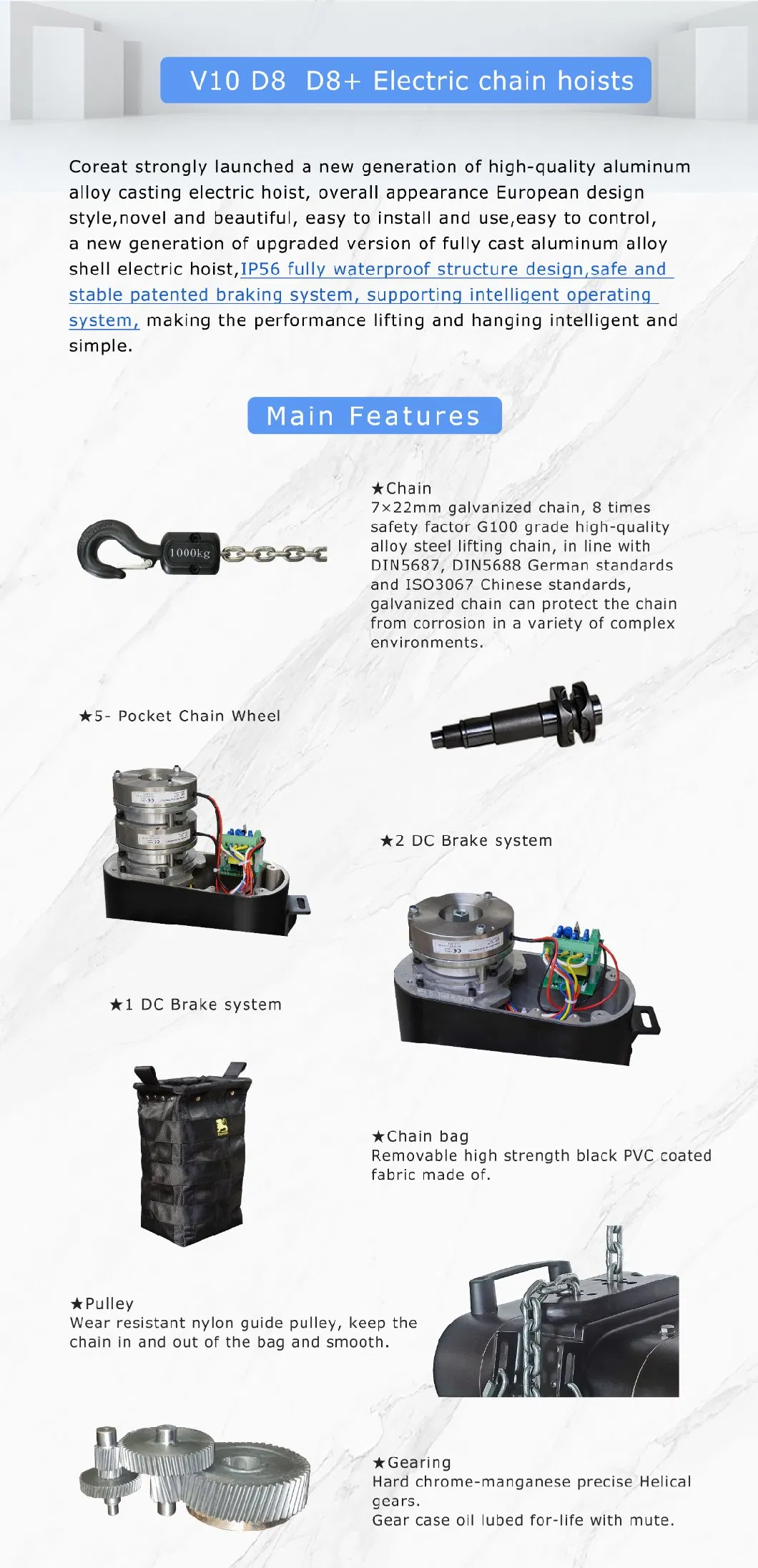 CE 1000kg Electric Chain Hoist German Technology European Standard