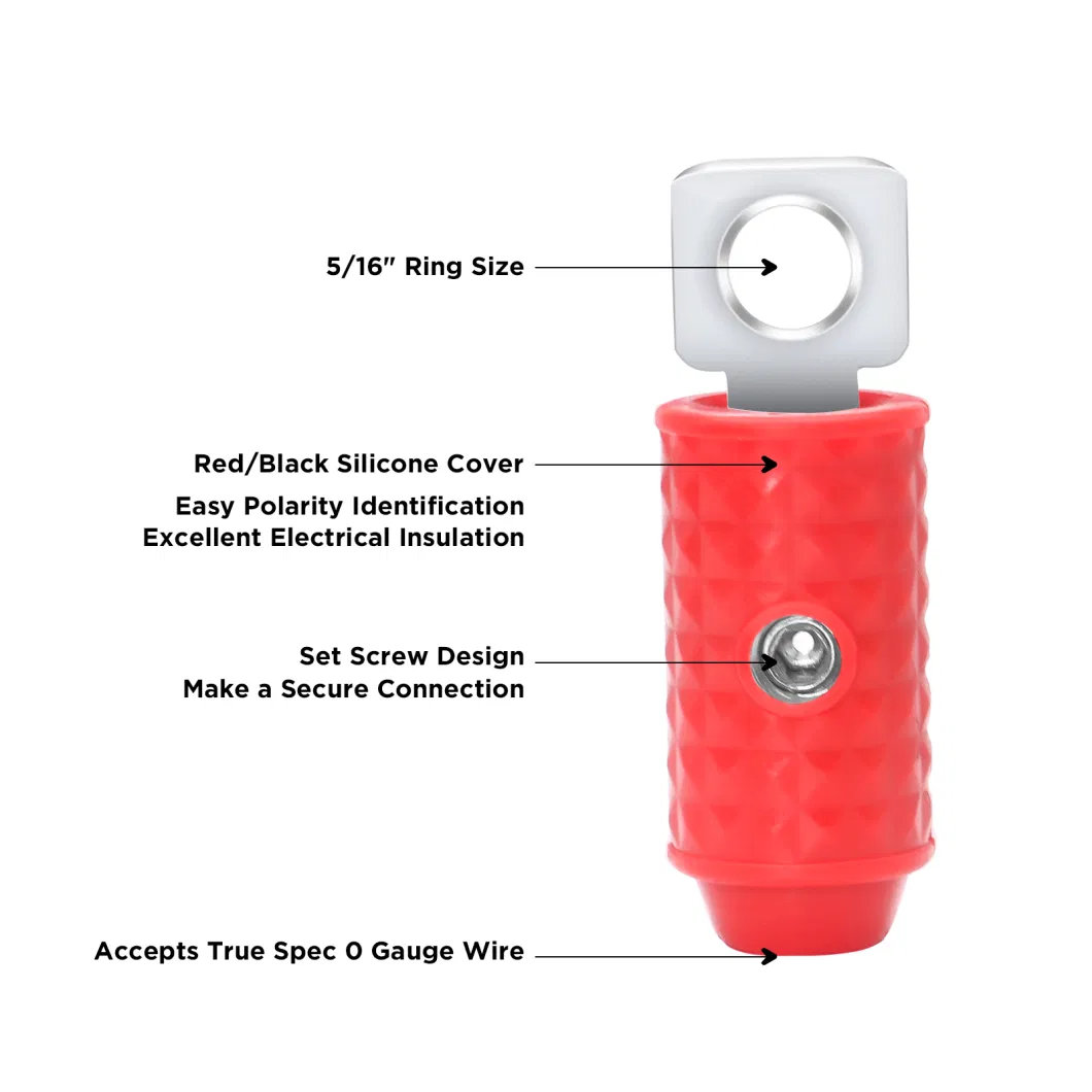 Edge Hr0q 1/0 Gauge Set Screw Brass Ring Terminals Battery Connectors with Red/Black Silicon Covers, Marine-Grade Satin Chrome Finish