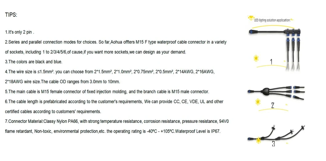 Aohua Distributor M15 1 to 2/3/4/5 /6 Sockets Power Male Female Cable Waterproof Connector for Outdoor LED Module Lighting Project