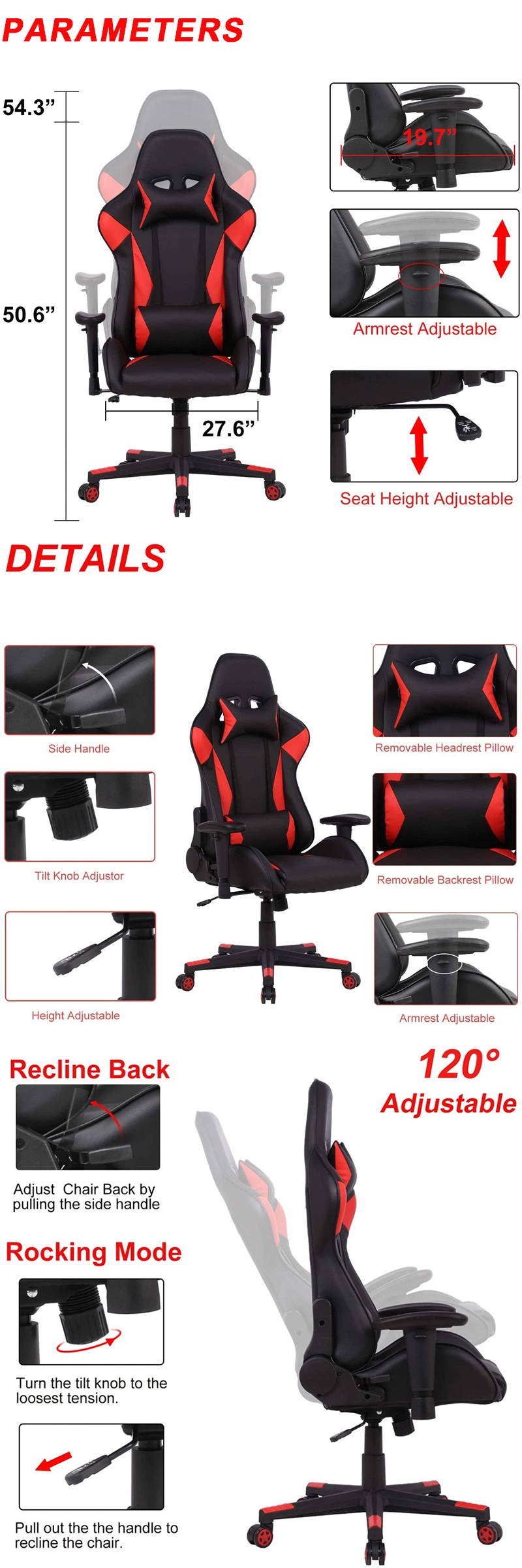 Home Outdoor Furniture Comfortable PU Black Silla Gamer Reclining Computer Gaming Chair with Footrest