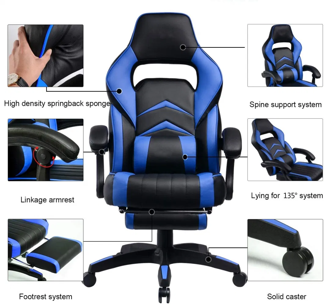 Reclining Racing Style High Back Blue Massage Gaming Office Chair with Footrest