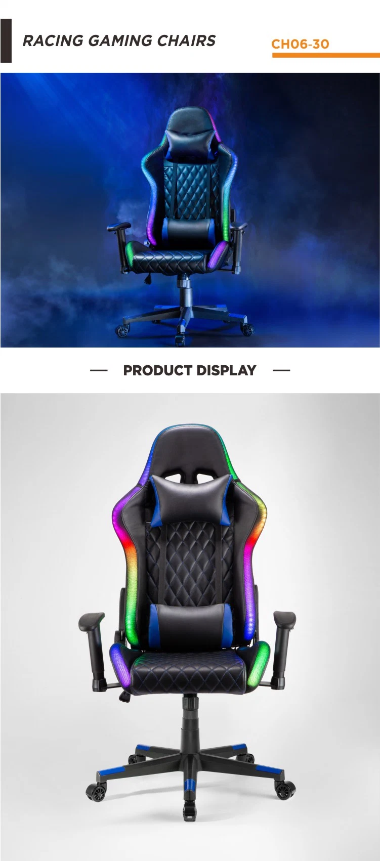 E-Sports RGB Lights PU Gaming Chair with Headrest, Lumbar Support