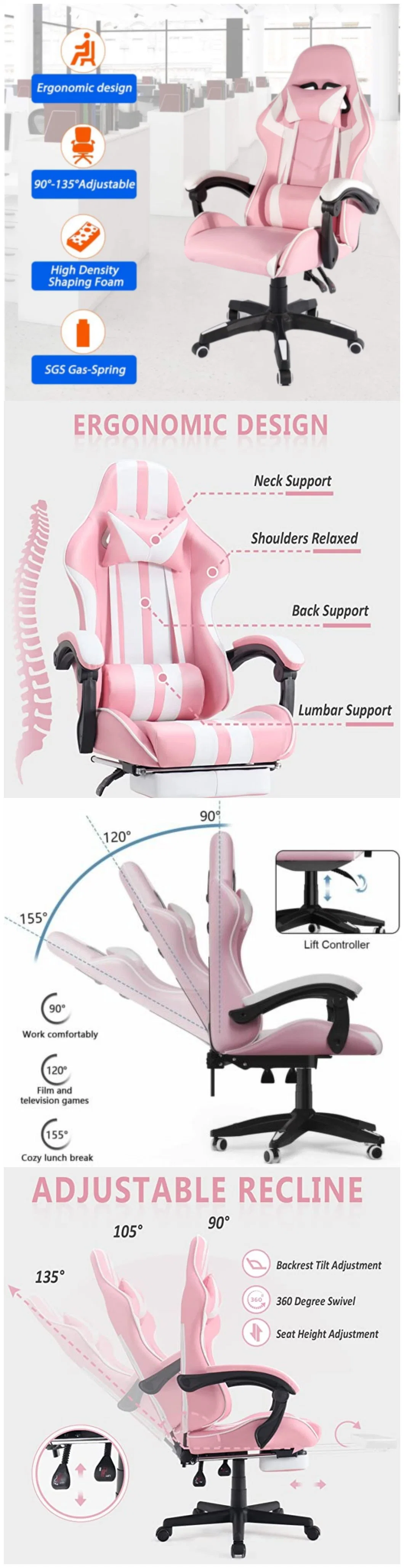 Modern Cute Pink White Lumbar Support PU PVC Gaming Chair with Footrest