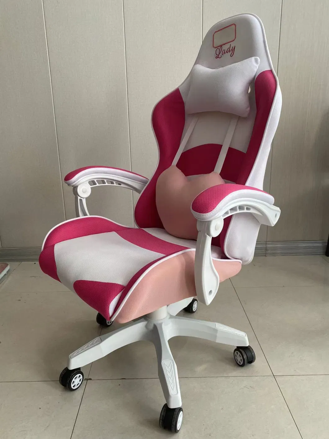 Rainbow Hexagon Gaming Chair Fabric Pink White Color Racing Computer Chair