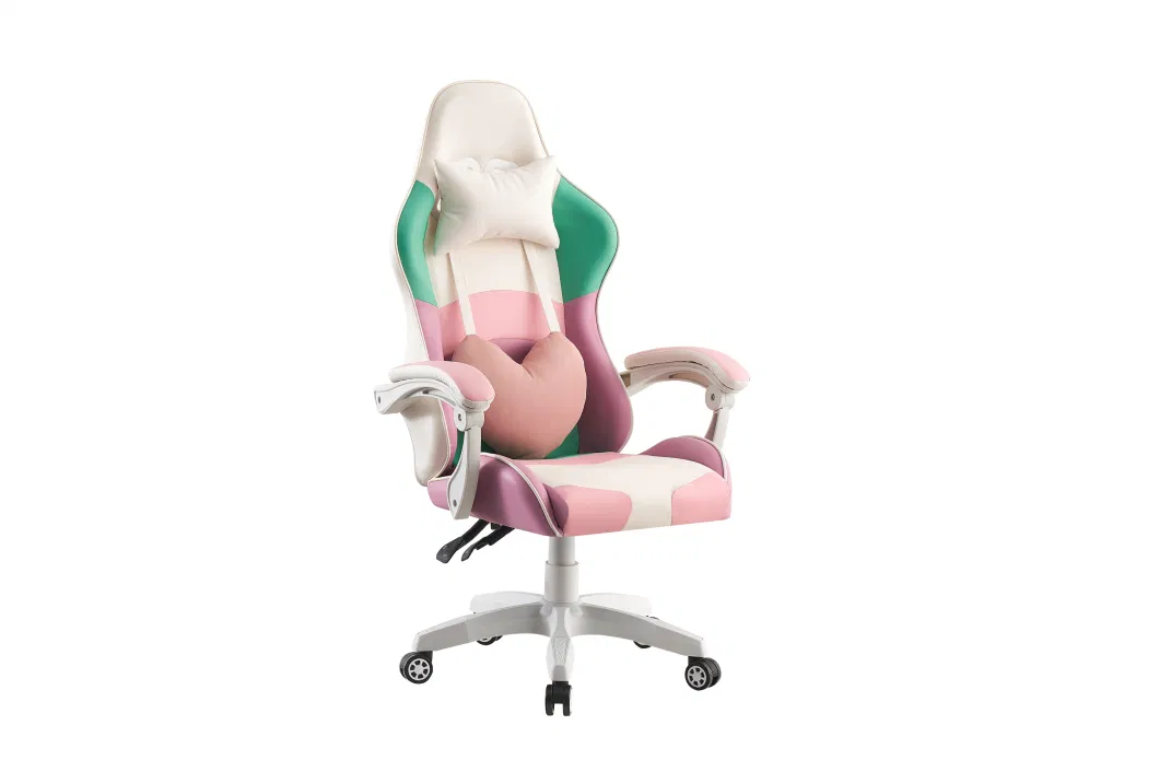 Fashionable Female Pink Green Metal Frame PU Sillas Gamer Chair with Headrest