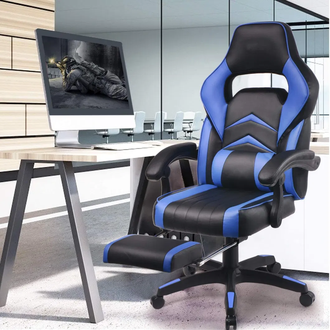 Reclining Racing Style High Back Blue Massage Gaming Office Chair with Footrest