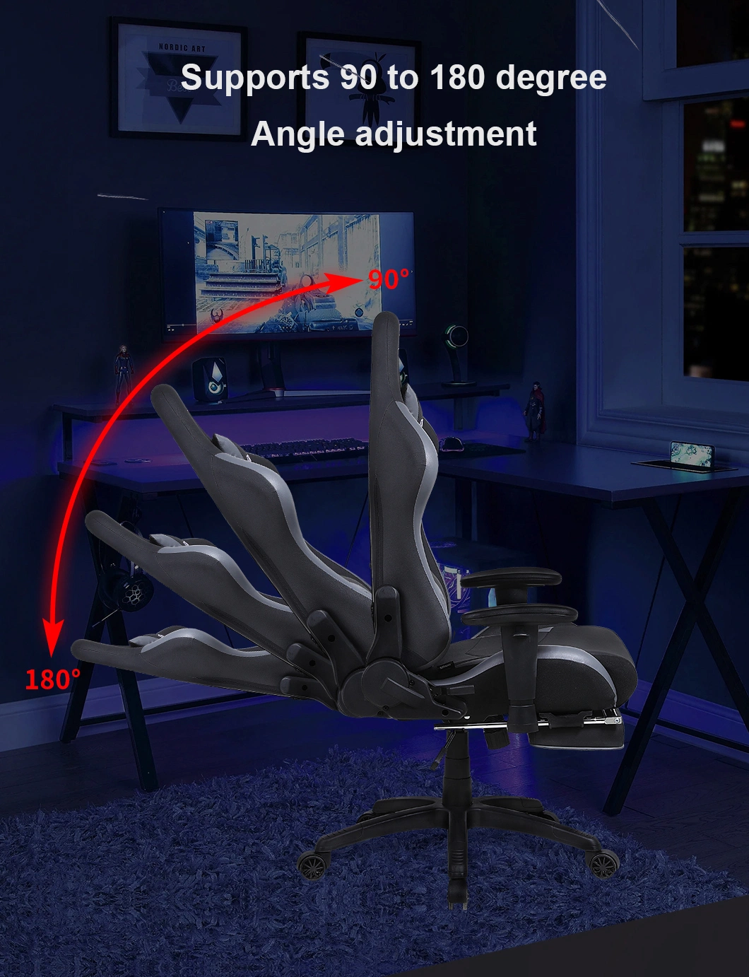 2022 Anji Leisa Luxury High Back Fabric Swivel Ergonomic Silla Gamer Gaming Chairs Racing with Leg Rest