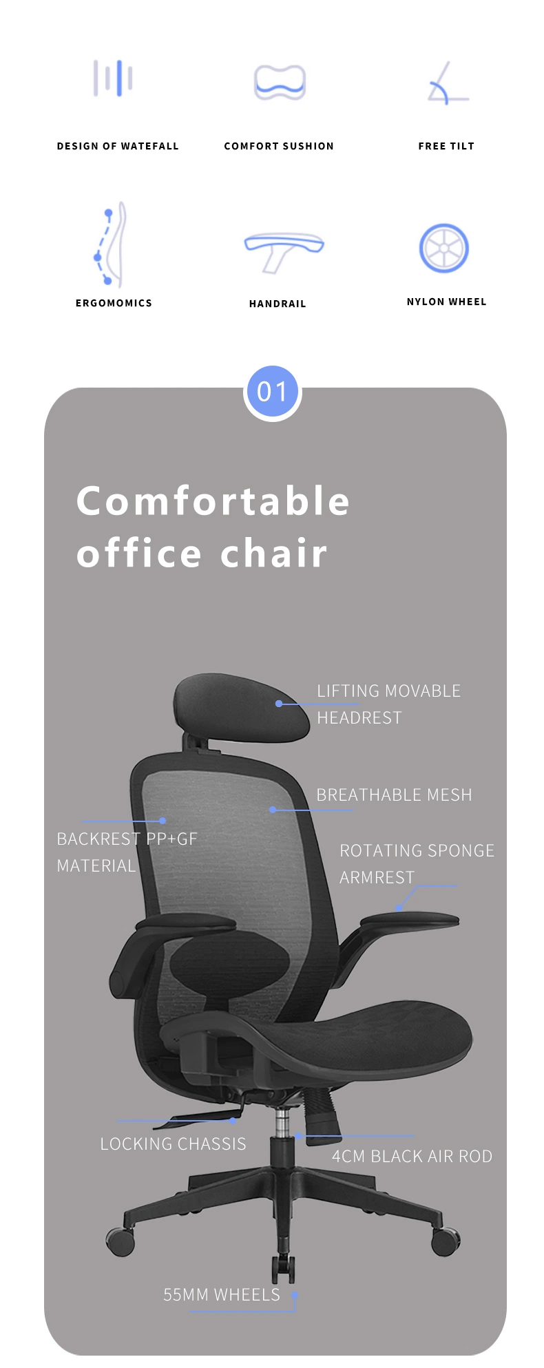 Comfortable Rotating Armrest Office Desk Chairs Ergonomic Gaming Mesh Fabric Office Chair