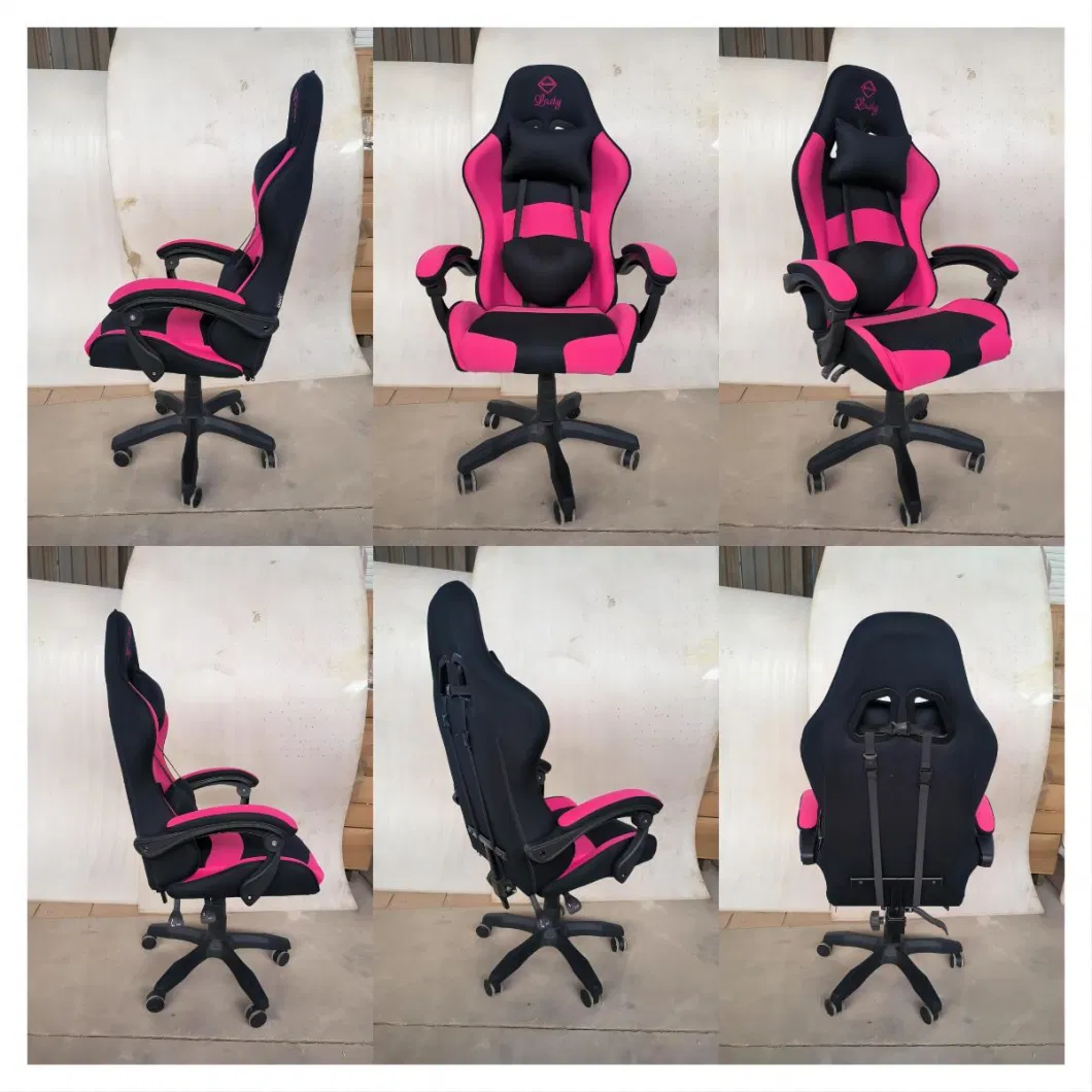 Pink and White Stylish Fabric Back Swivel Female Headrest Game Chair Gaming