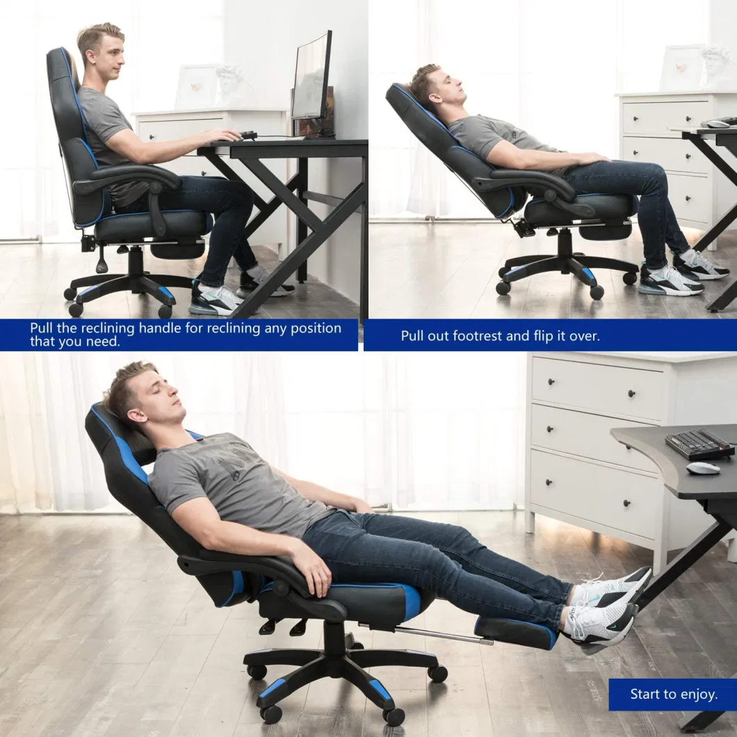 Reclining Racing Style High Back Blue Massage Gaming Office Chair with Footrest