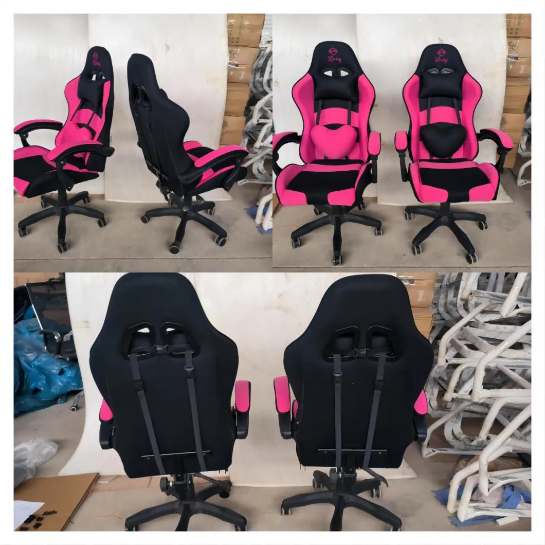 Pink and White Stylish Fabric Back Swivel Female Headrest Game Chair Gaming