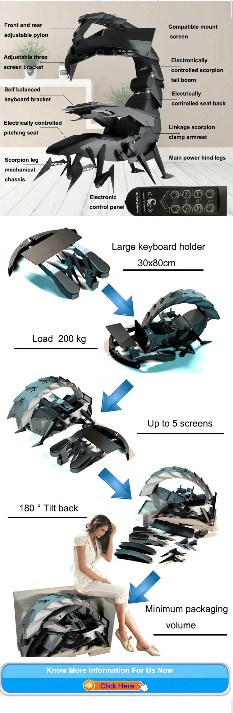 Custom Luxury Comfortable Racing Simulator Cockpit 3 Screens Computer Scorpion Chair Gaming PC Chair Cockpit