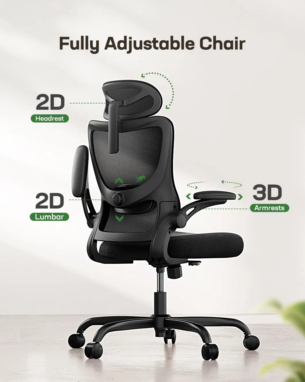 Ergonomic Office Computer Desk Chair with High Back Mesh and Adjustable Lumbar Support Rolling Work Swivel Task Chairs with Wheel Armrests and Headrest