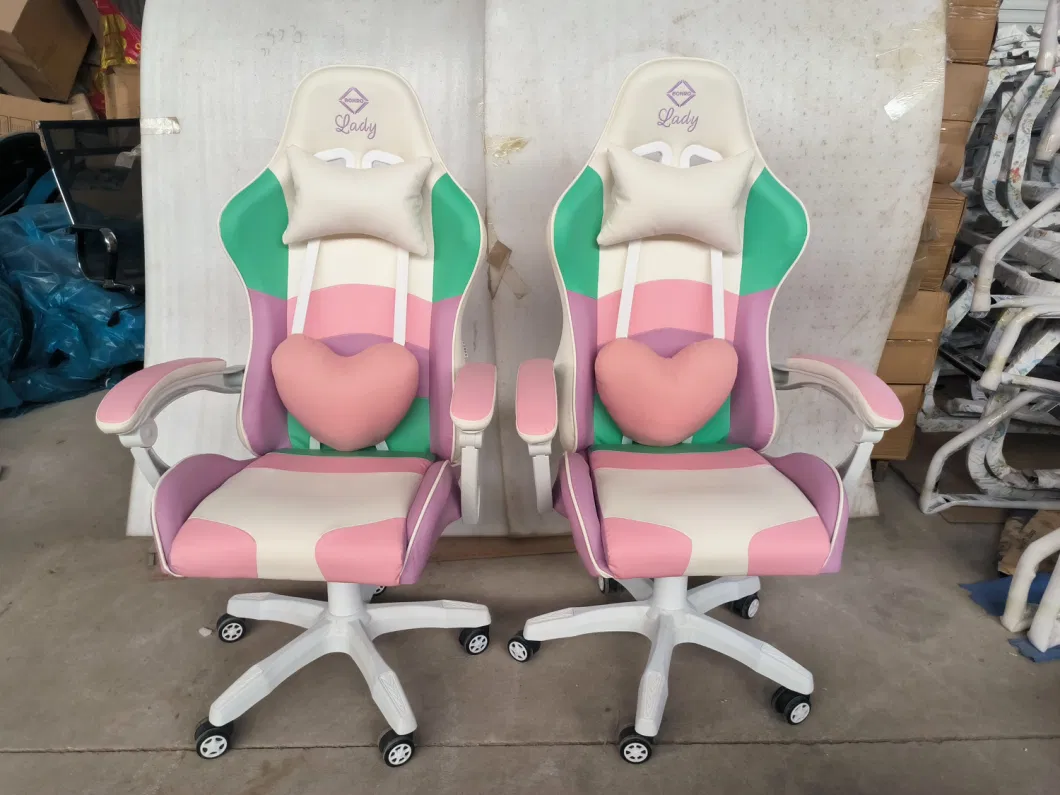 Pink and White Fabric Back and Seat Pillow Luxury Gaming Room Chair