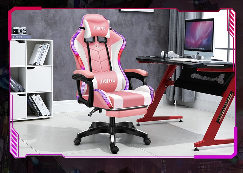 Custom Pink LED RGB Computer PC Game Chair Gaming PU Leather Silla Gamer Massage Racing Gaming Chair with Lights and Speakers