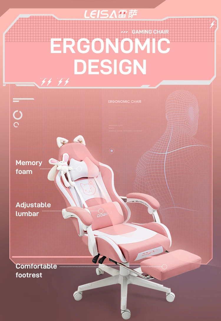 Gaming Chair with Cute Ears Gamer Chair for Girl with Footrest