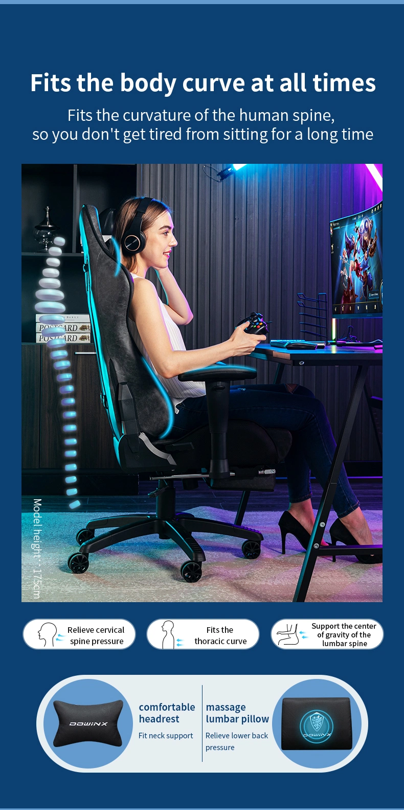 Amazon Dowinx Brand New Design Ergonomic Custom Logo Racing Chair Office Furniture Gaming Chair with Neck &amp; Foot Support