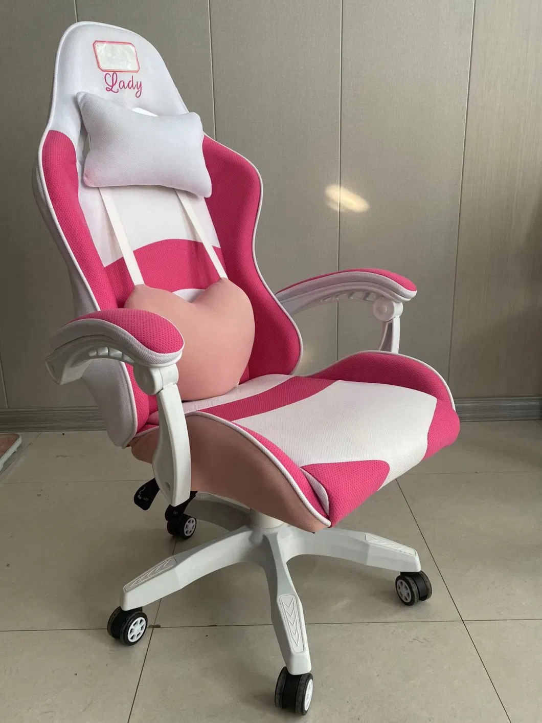 Rainbow Hexagon Gaming Chair Fabric Pink White Color Racing Computer Chair