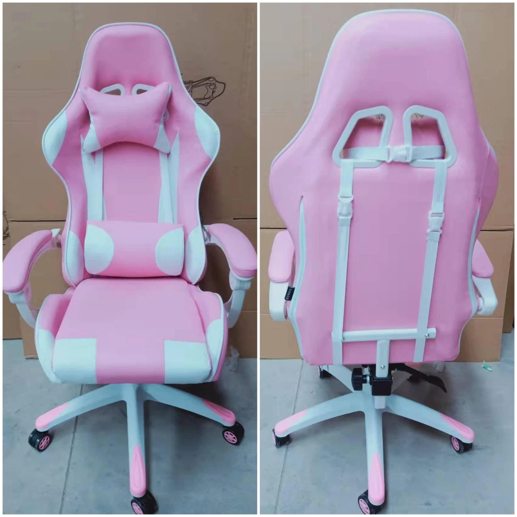 Modern Cute Pink White Lumbar Support PU PVC Gaming Chair with Footrest