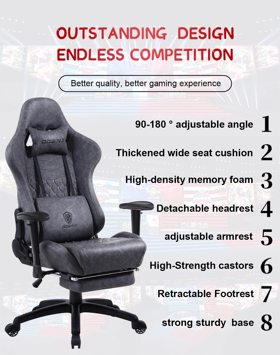 E-Commerce Hot Sale E-Sport Ergonomic PC Gaming Swivel Reclining Chair with Free Sample and Metal Legs