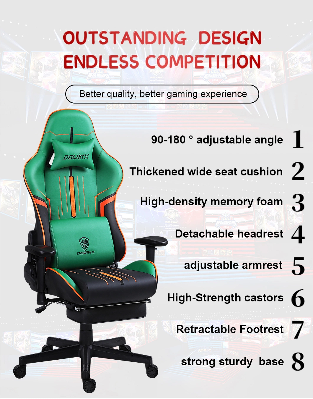 High-Back Ergonomic Racing Seat PU Leather 90-180 Degree Backrest Adjustment Thickened Foam Retractable Footrest Gaming Chair