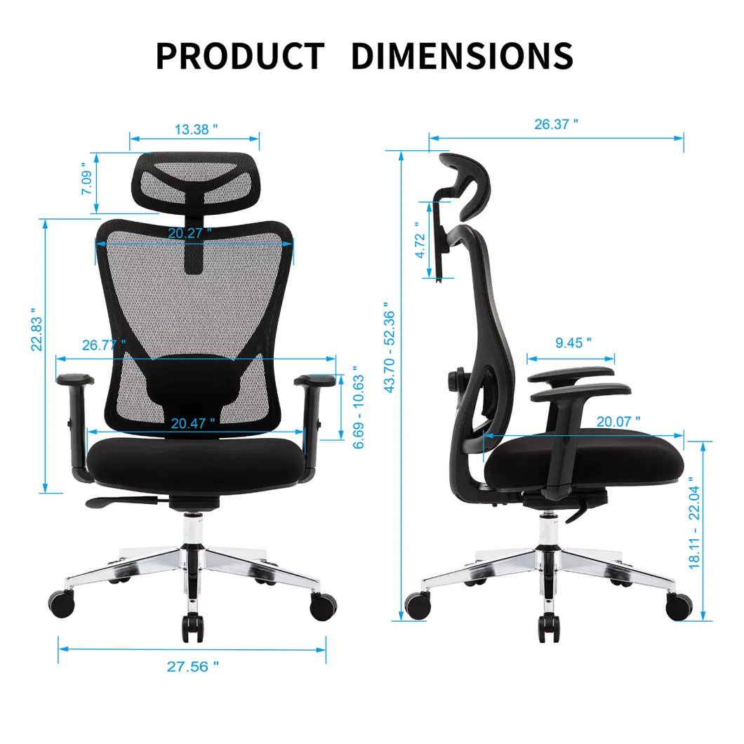 Ergonomic Mesh Computer Desk Chair with Adjustable Sponge Lumbar Support, Thick Cushion, PU Armrest and Headrest, High Back Swivel Home Office Chairs