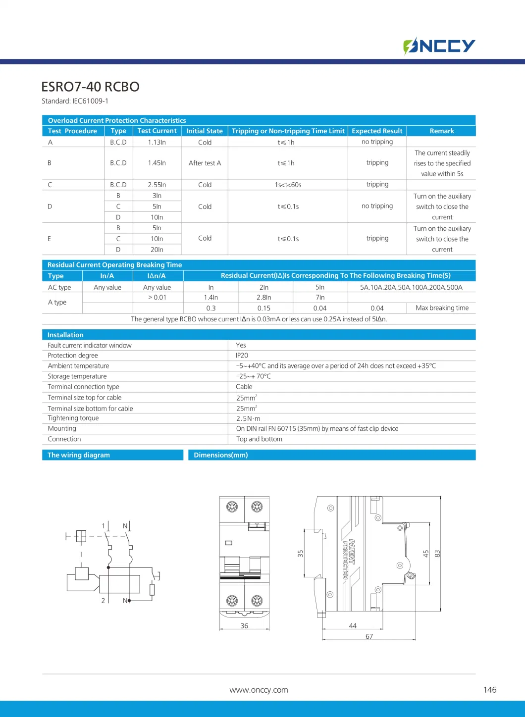 Onccy 230V/400V 63A 30mA AC Residual Current Circuit Breaker Electric Protection RCBO