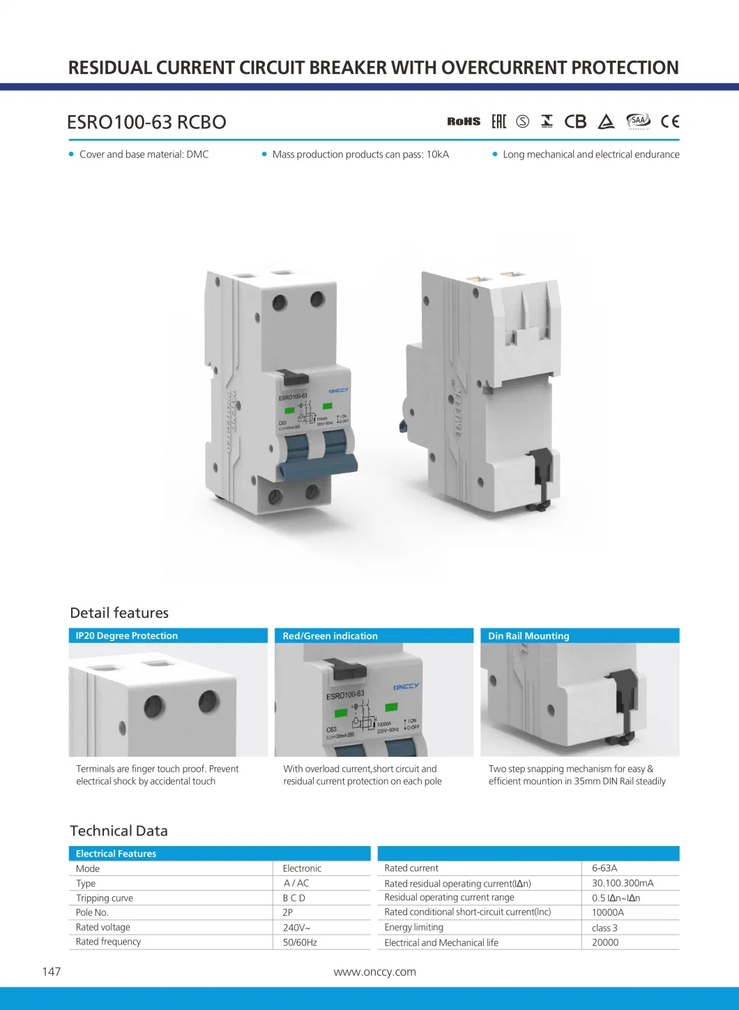 Onccy 230V/400V 63A 30mA AC Residual Current Circuit Breaker Electric Protection RCBO